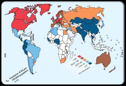 Carta geografica che mostra la prevalenza mondiale della sclerosi multipla.